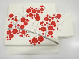 塩瀬　手描き　枝梅模様　作り帯